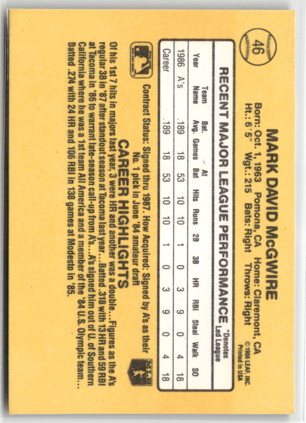1987 Donruss #46 Mark McGwire-2