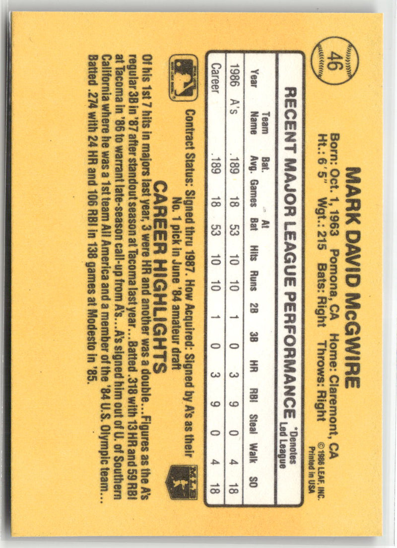 1987 Donruss #46 Mark McGwire-2