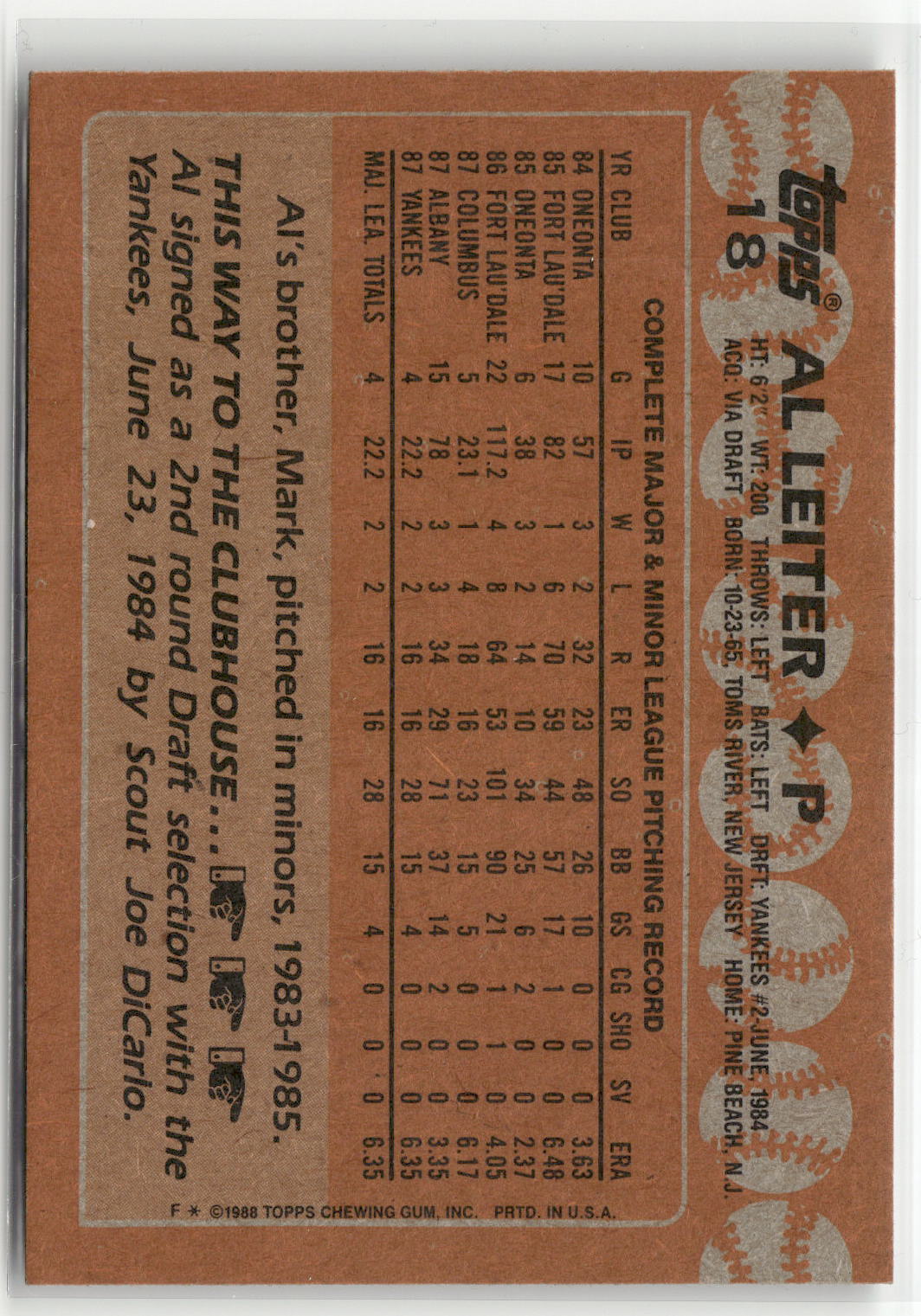 1988 Topps #18b Al Leiter-4