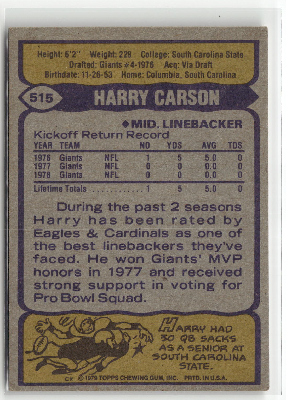 1979 Topps #515 Harry Carson-2