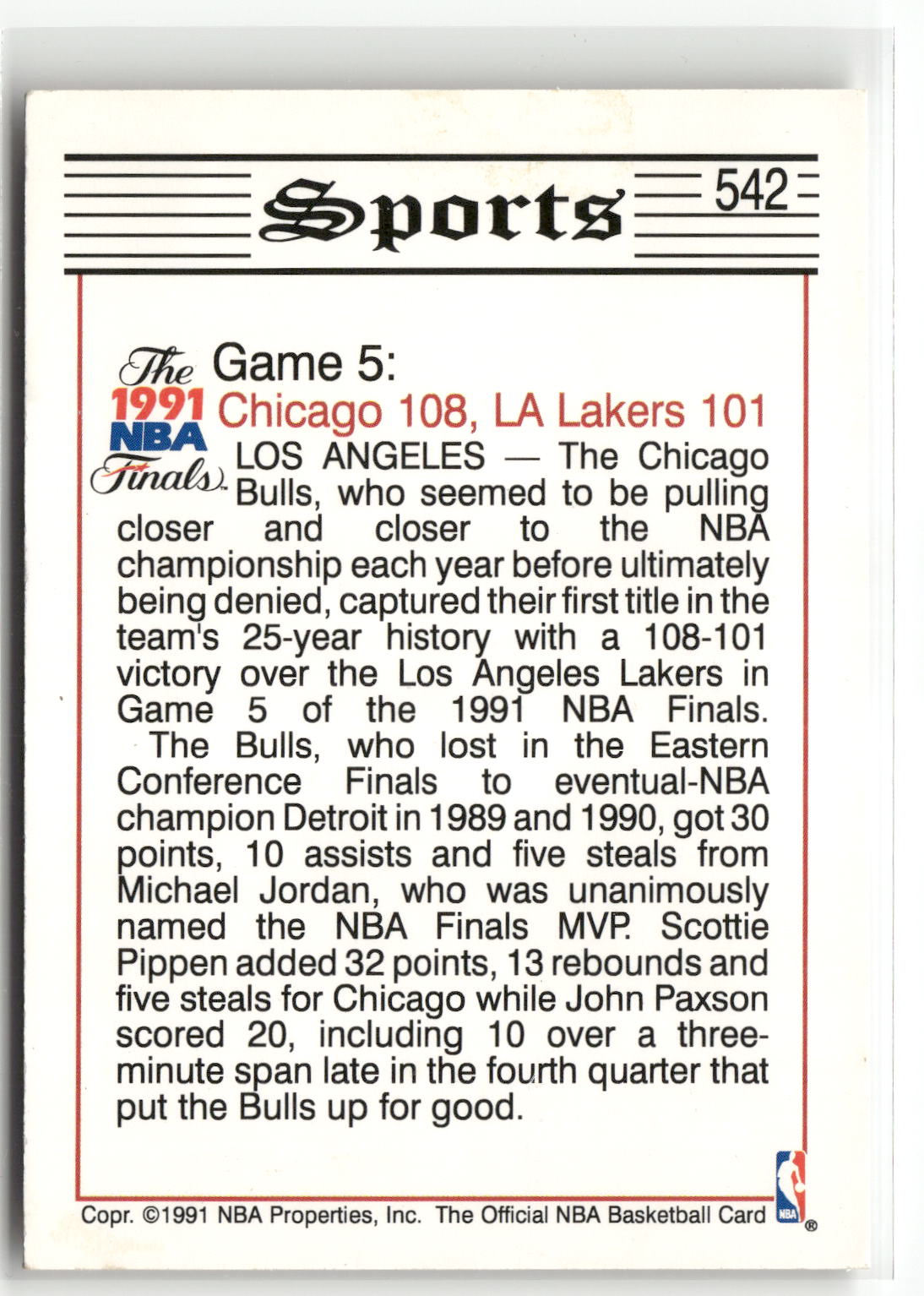 1991-92 Hoops #542 Jordan, Bulls Win First NBA Title TRIB,-2