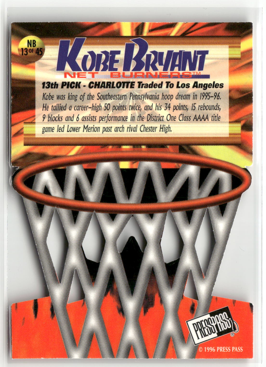 1996 Press Pass #NB 13 Kobe Bryant Net Burners-2