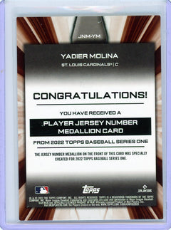 2022 Topps #JNM-YM Yadier Molina Jersey Number Medallion Relics-2