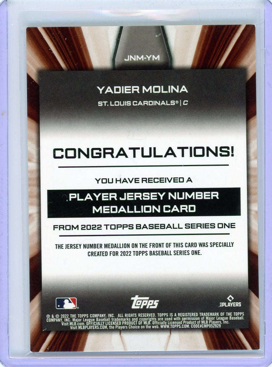 2022 Topps #JNM-YM Yadier Molina Jersey Number Medallion Relics-2