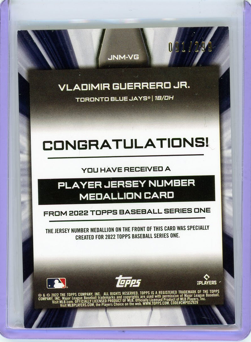 2022 Topps #JNM-VG Vladimir Guerrero Jr. Jersey Number Relics Black /299-2