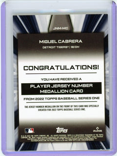 2022 Topps #JNM-MC Miguel Cabrera Jersey Number Medallion Relics-2