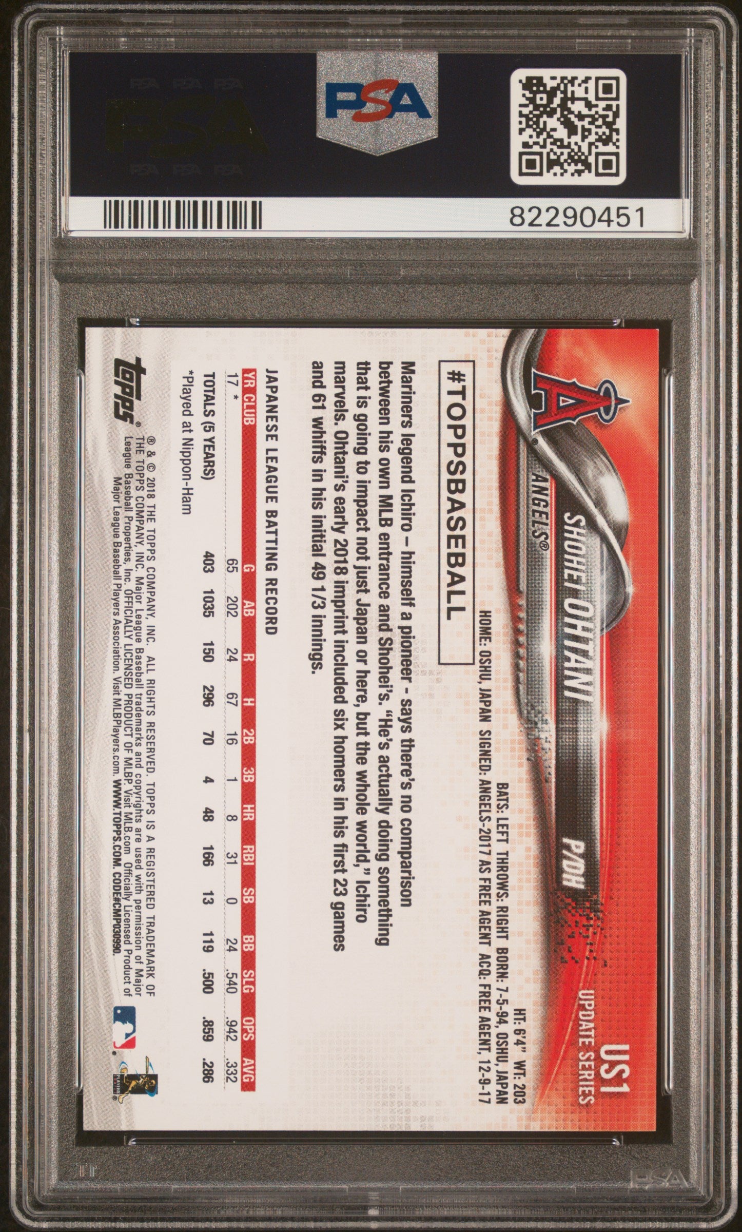 2018 Topps Update #US1 Shohei Ohtani PSA 9-2