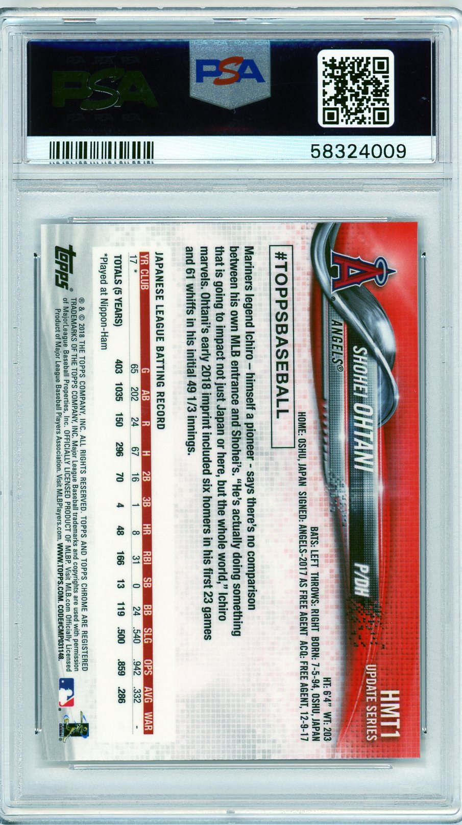 2018 Topps Chrome Update #HMT1 Shohei Ohtani Update PSA 9-2
