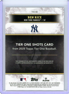 2025 Topps Tier One #TOS-BR Ben Rice Tier One Shots Autographs Blue Foil #/99-2