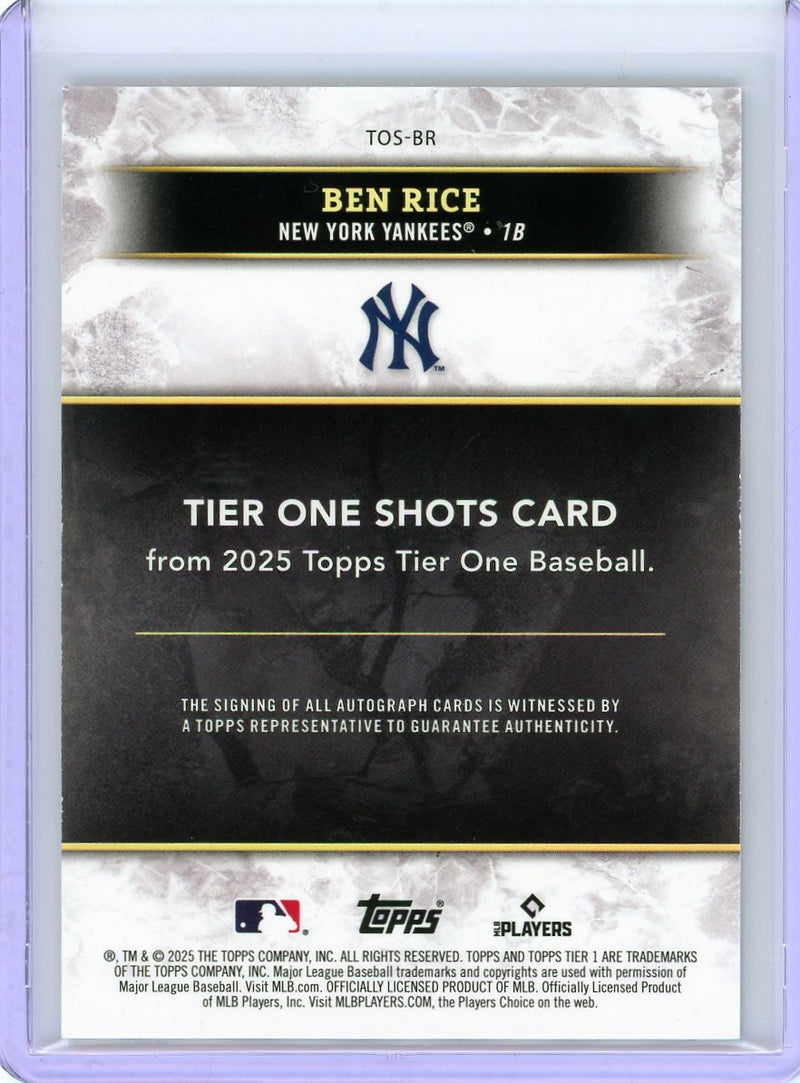 2025 Topps Tier One #TOS-BR Ben Rice Tier One Shots Autographs Blue Foil #/99-2