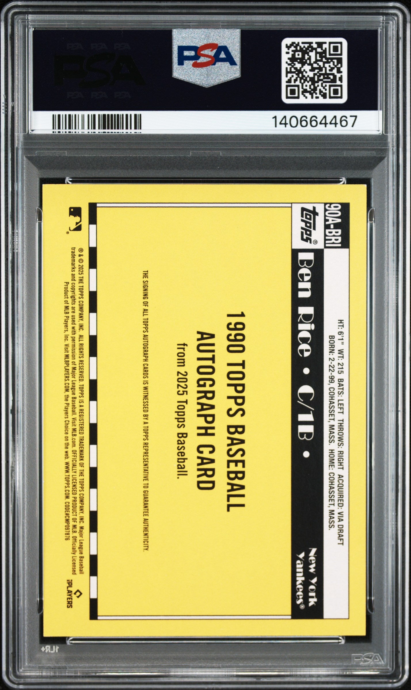 2025 Topps 1990 Topps Baseball Autographs #90ABRI Ben Rice PSA 9-4