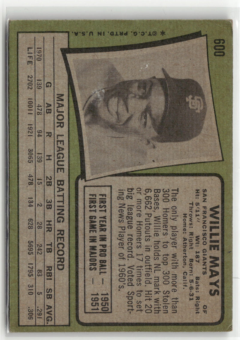 1971 Topps #600 Willie Mays (VG, Check Scans)-2
