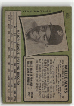 1971 Topps #600 Willie Mays (VG, Check Scans)-2