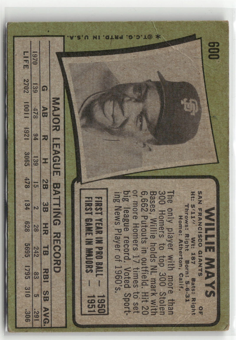 1971 Topps #600 Willie Mays (VG, Check Scans)-2