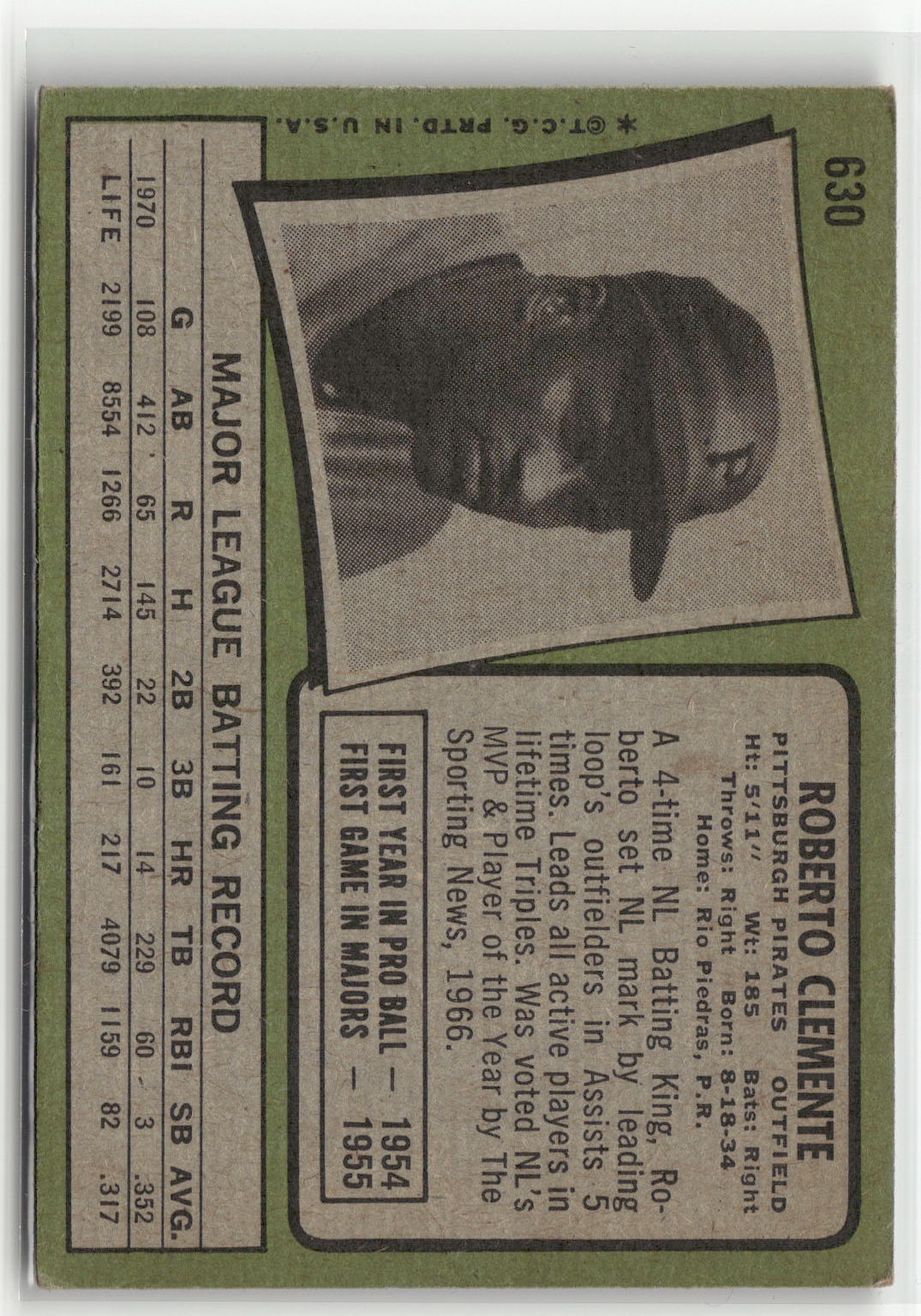 1971 Topps #630 Roberto Clemente (VG, Check Scans)-2