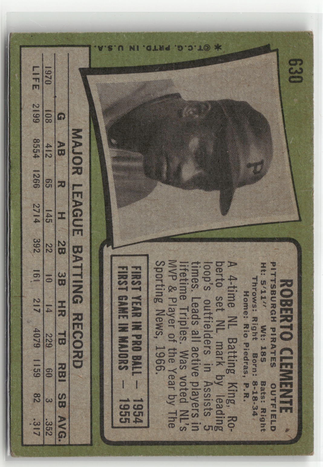 1971 Topps #630 Roberto Clemente (VG, Check Scans)-2