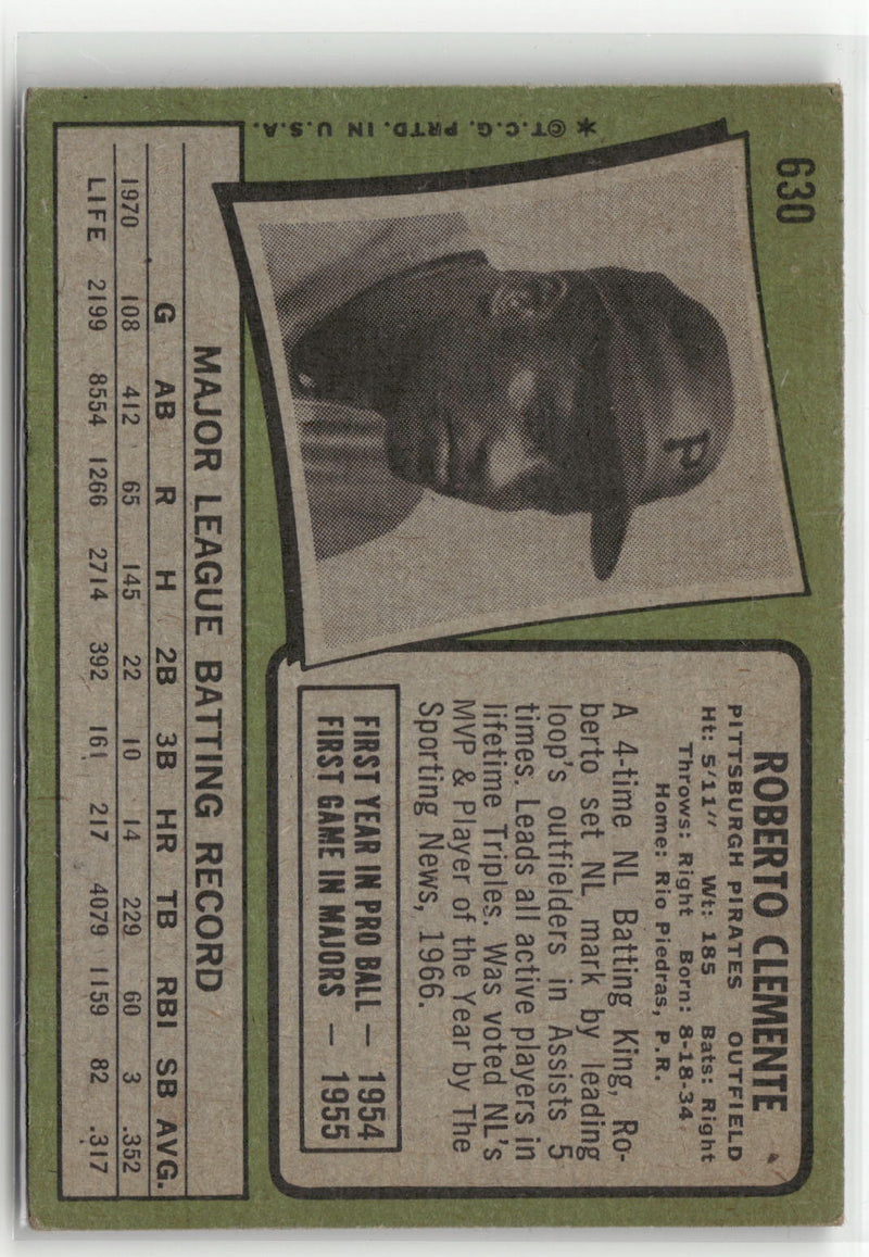 1971 Topps #630 Roberto Clemente (VG, Check Scans)-2