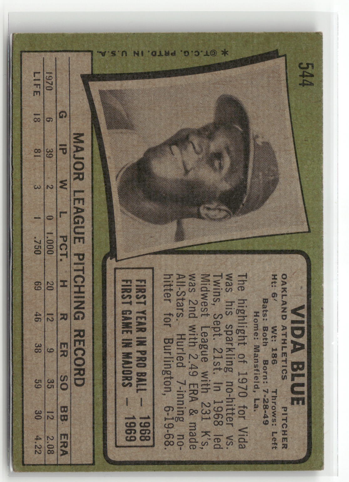 1971 Topps #544 Vida Blue (EX, Check Scans)-2