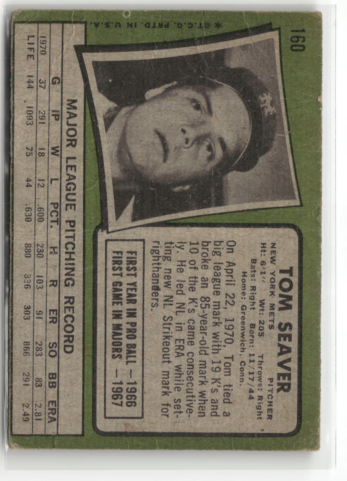 1971 Topps #160 Tom Seaver (Poor, Check Scans)-2