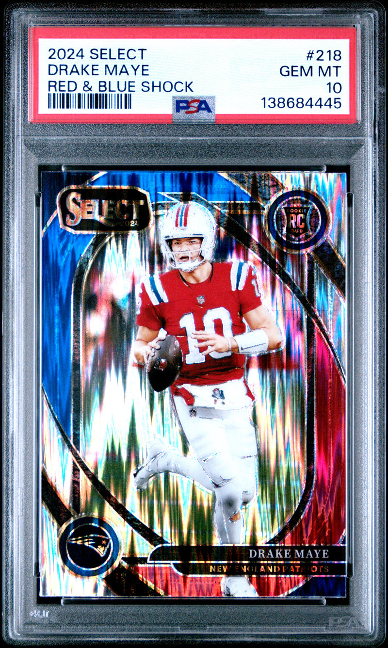 2024 Panini Select #218 Drake Maye Red & Blue Prizm Shock PSA 10-1