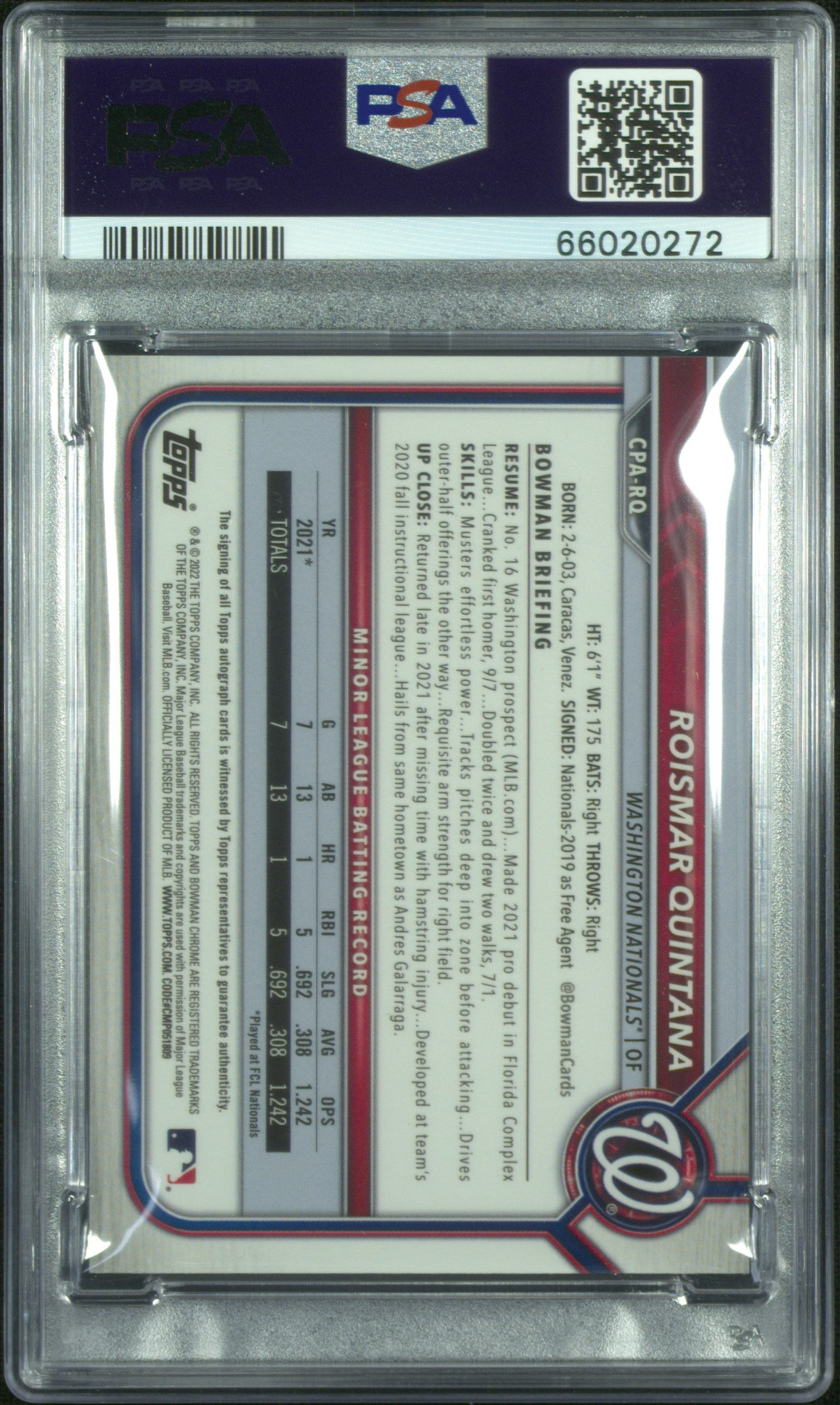 2022 Bowman #CPA-RQ Roismar Quintana Chrome Auto Gold Refractors PSA 9 #/50-2