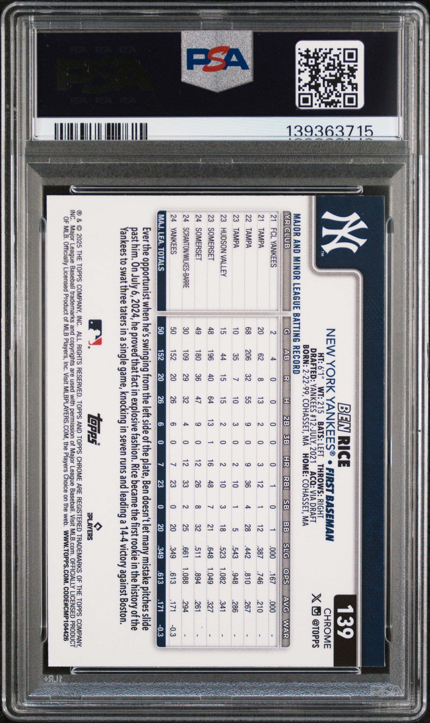 2025 Topps Chrome #139 Ben Rice Topps Refractor PSA 10-2