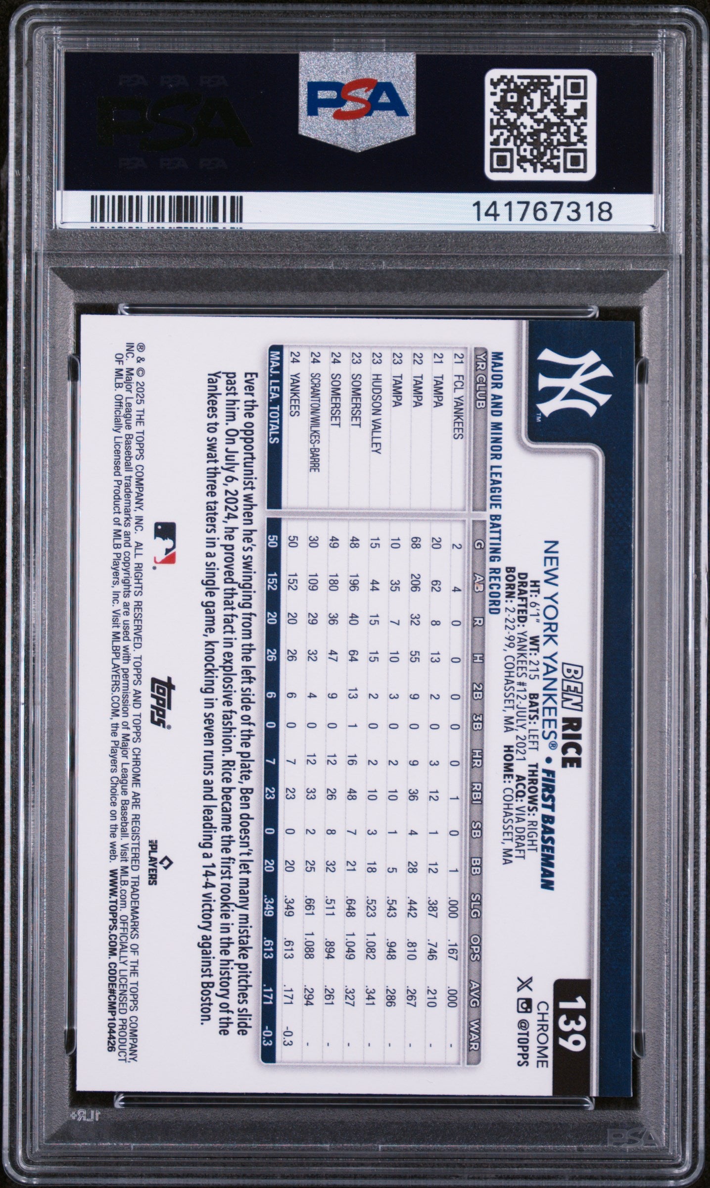 2025 Topps Chrome #139 Ben Rice X-Fractors PSA 9-2