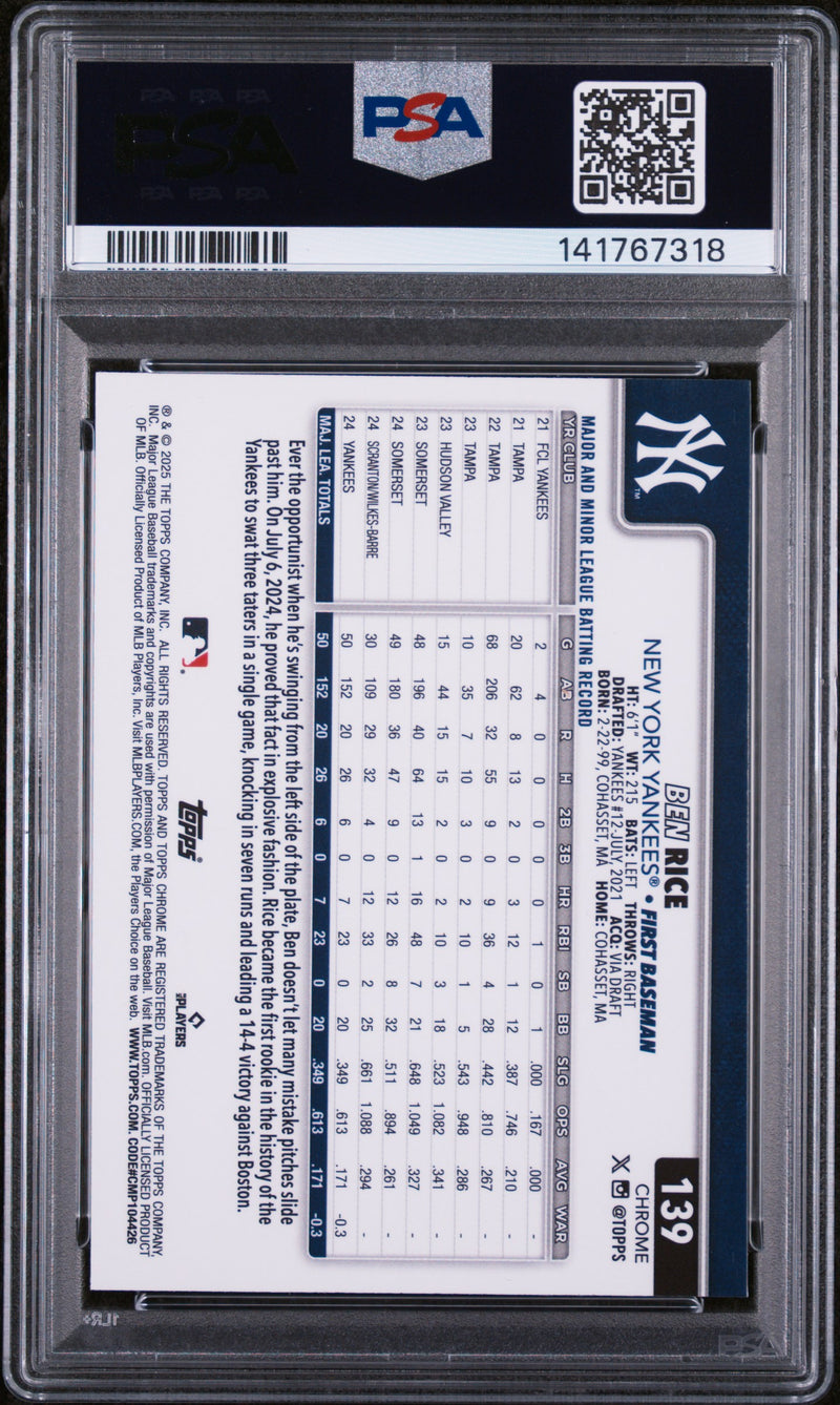 2025 Topps Chrome #139 Ben Rice X-Fractors PSA 9-2