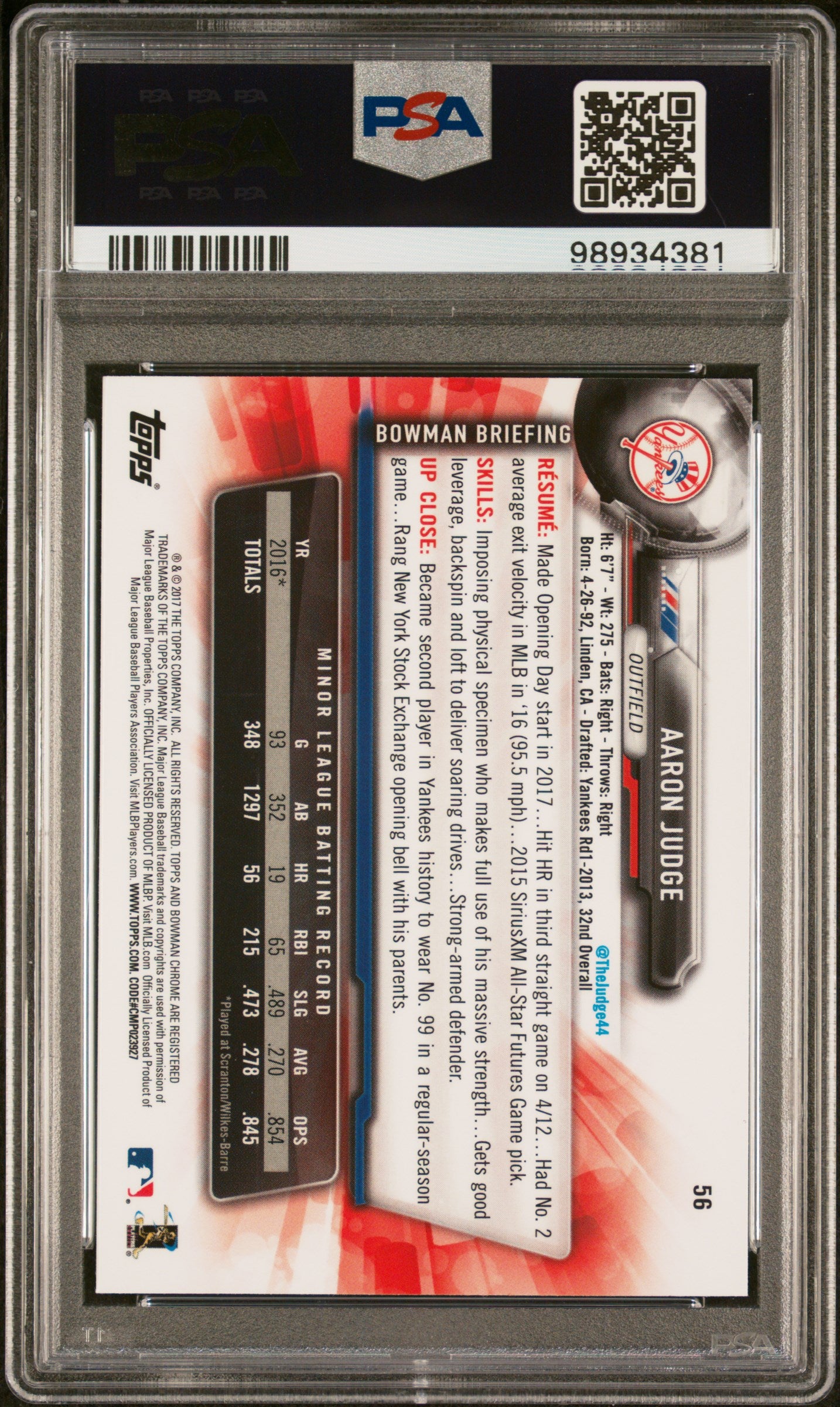 2017 Bowman Chrome #56 Aaron Judge PSA 9-2