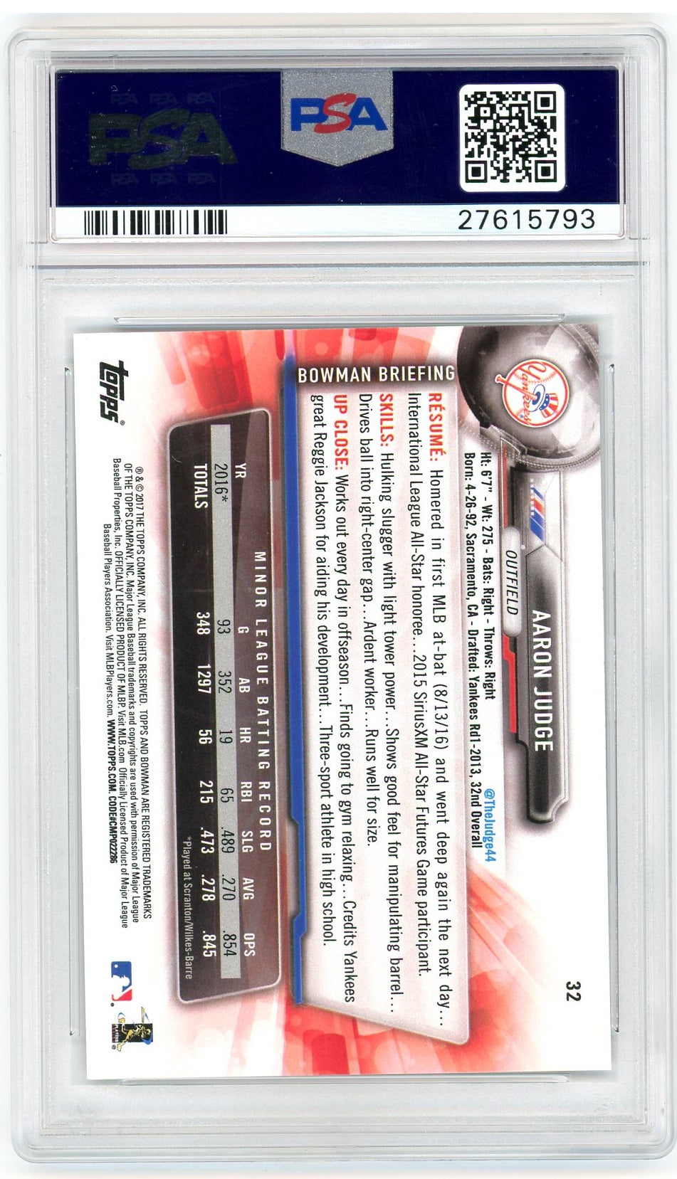 2017 Bowman #32 Aaron Judge PSA 9-2