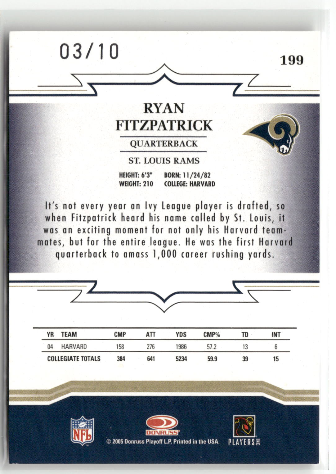2005 Donruss Throwback Threads #199 Ryan Fitzpatrick Red #/10-2