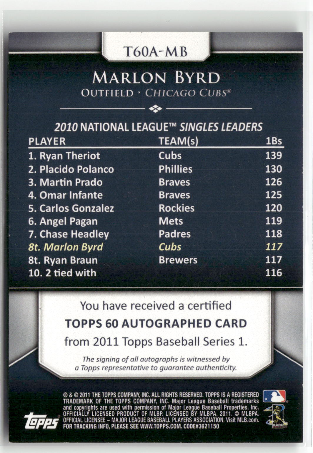 2011 Topps #T60A-MB Marlon Byrd Topps 60 Autographs-2