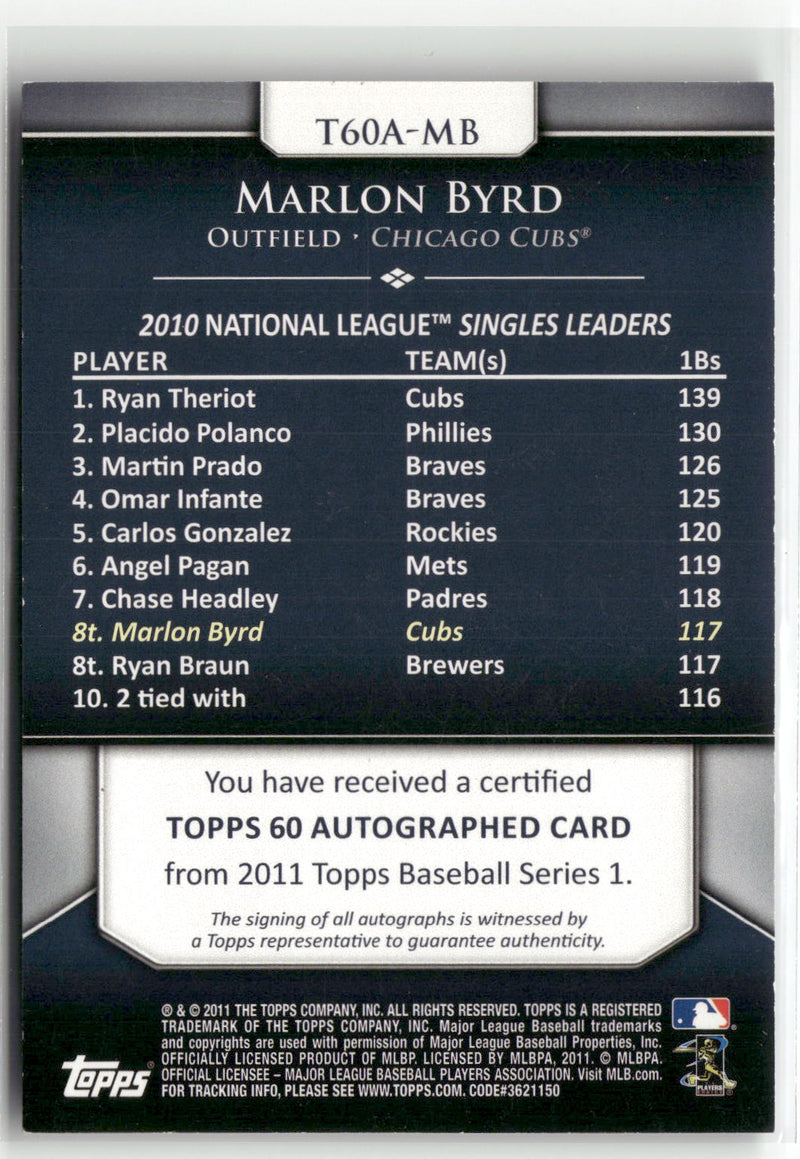2011 Topps #T60A-MB Marlon Byrd Topps 60 Autographs-2