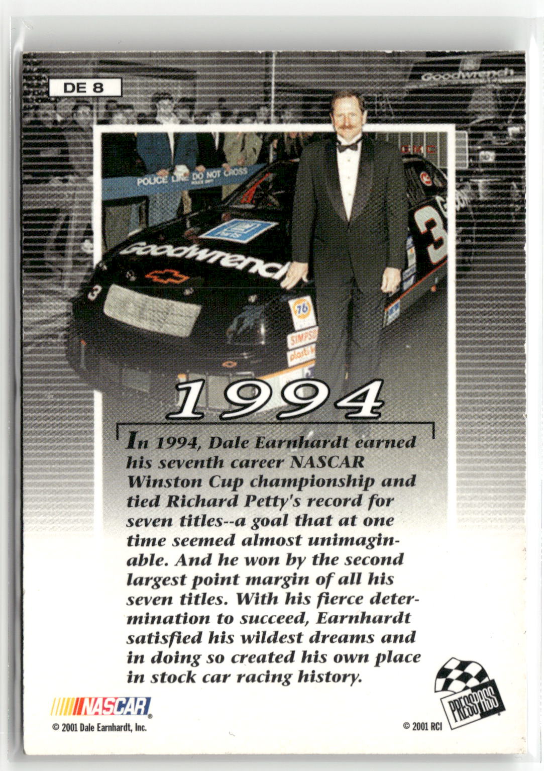 2001 Press Pass VIP #DE8 Dale Earnhardt Dale Earnhardt Winston Cup Champion-2