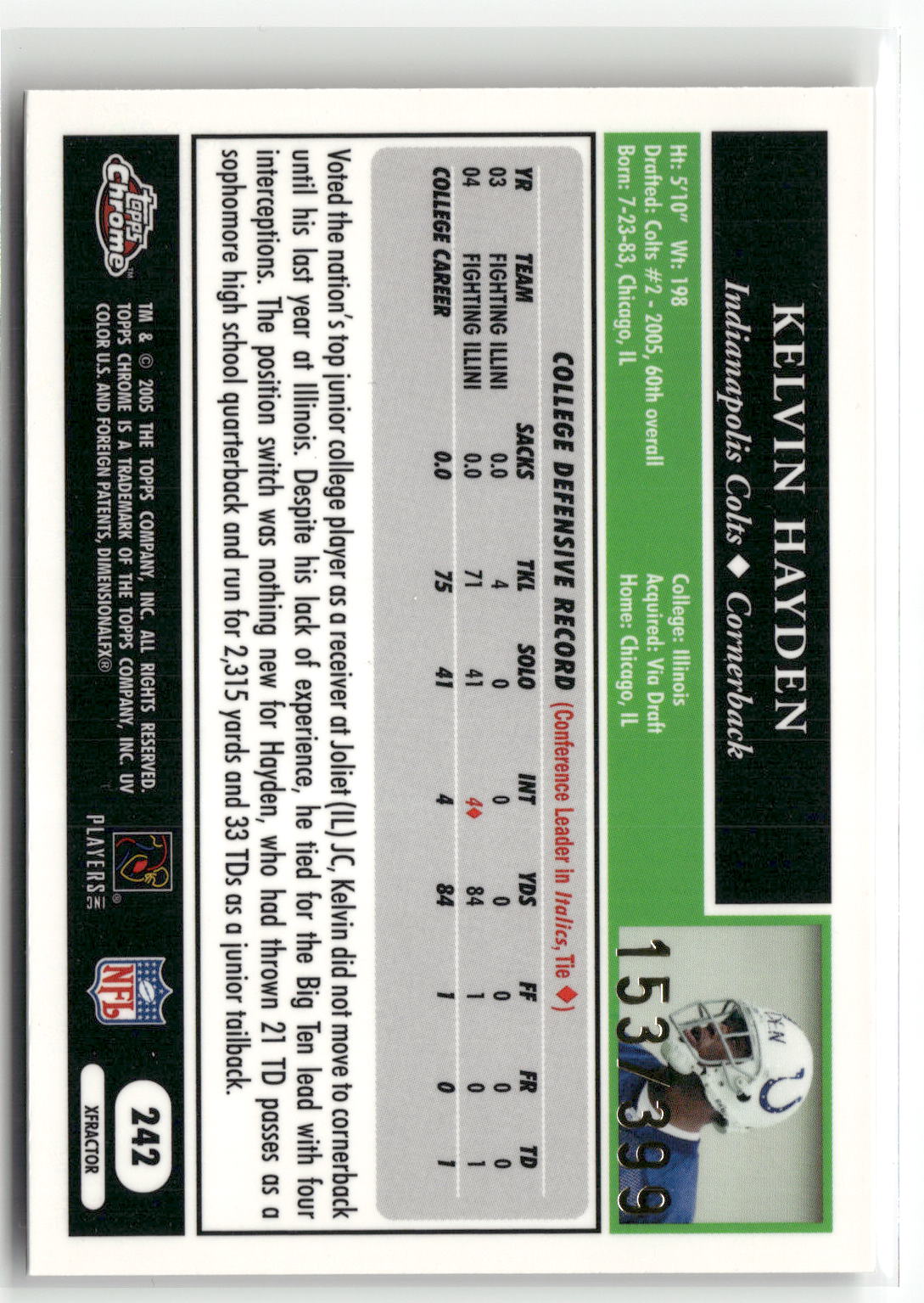 2005 Topps Chrome #242 Kelvin Hayden Gold Xfractors #/399-2