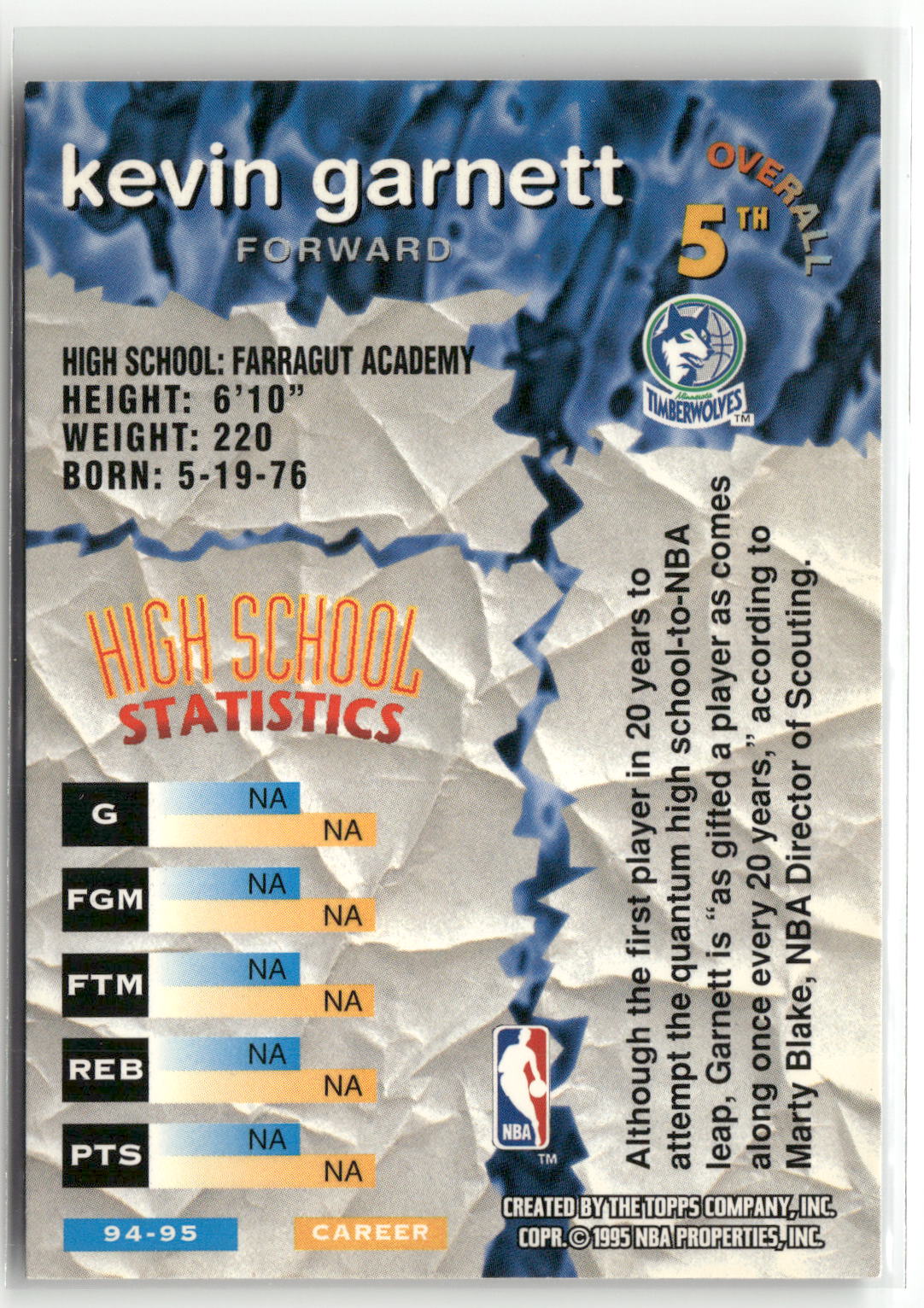 1995-96 Stadium Club #5 Kevin Garnett Draft Picks-2
