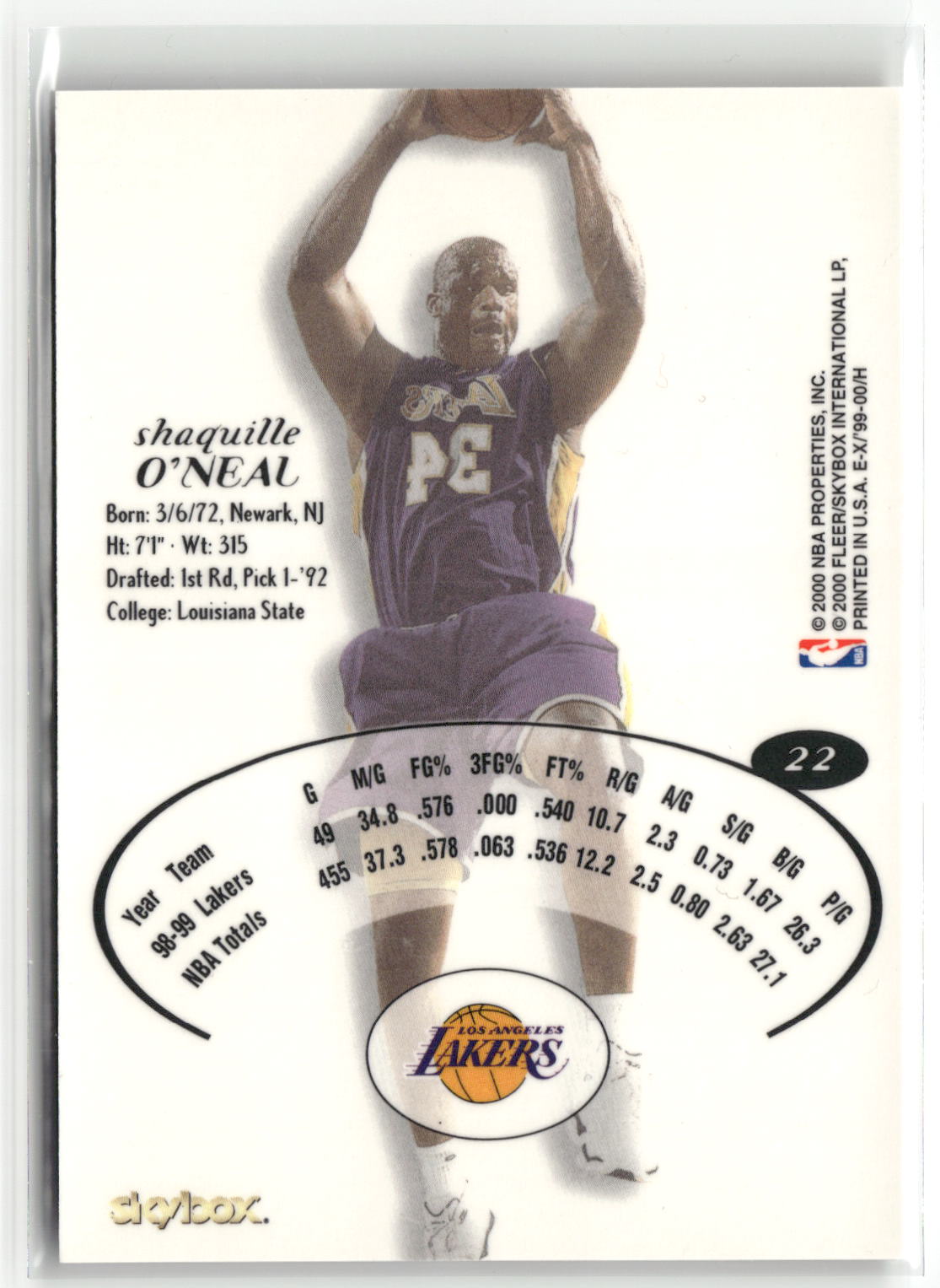 1999-00 E-X #22 Shaquille O'Neal-2