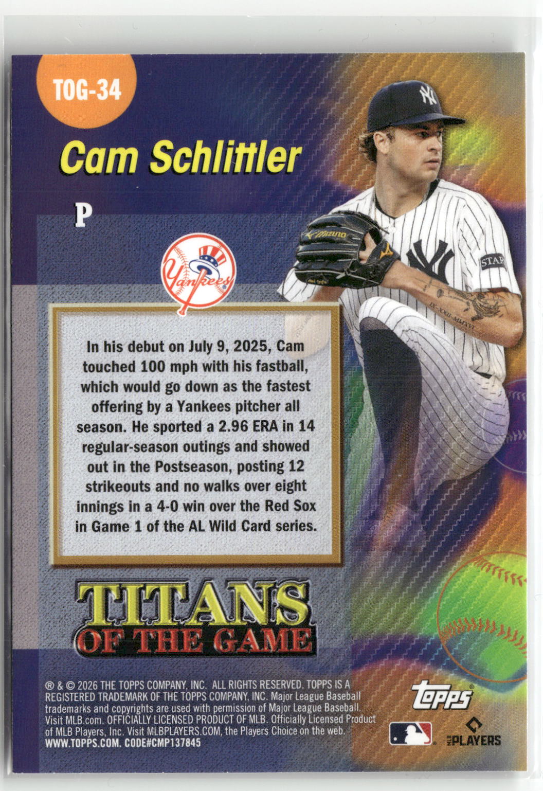 2026 Topps #TOG-34 Cam Schlittler Titans of the Game-2