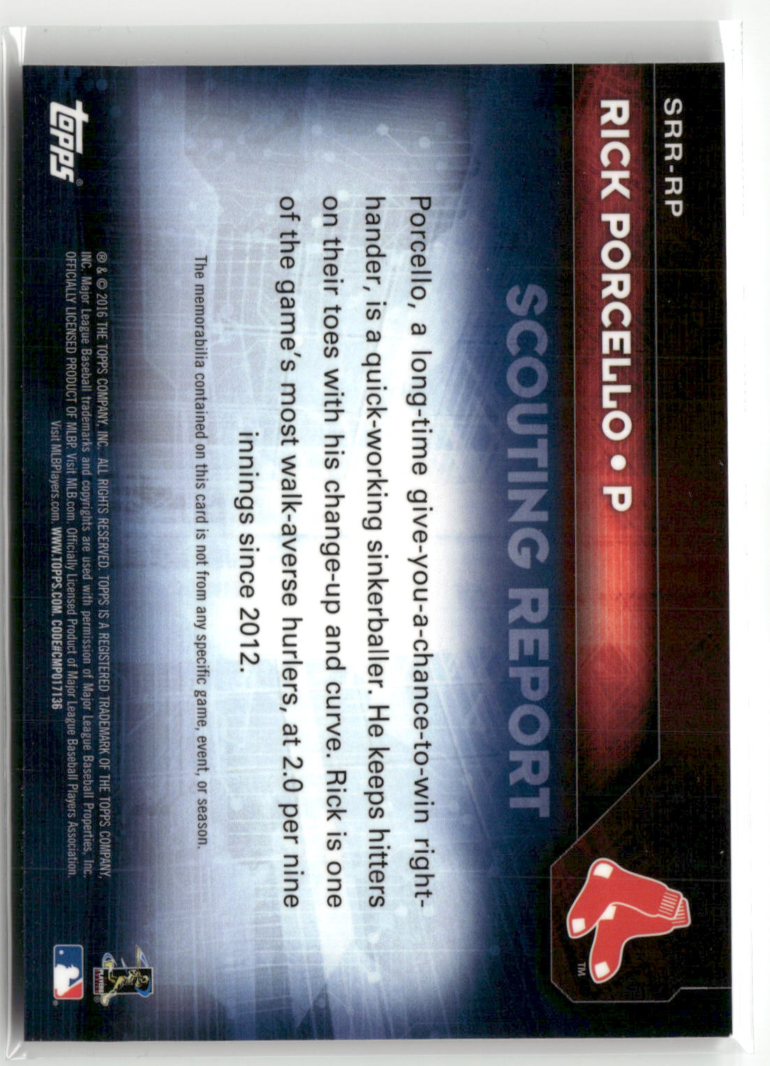 2016 Topps #SRR-RP Rick Porcello Scouting Report Relics-2