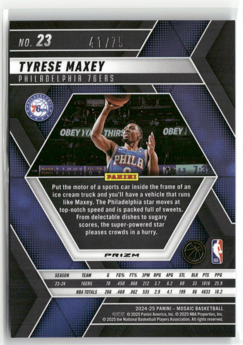 2024-25 Panini Mosaic #23 Tyrese Maxey Blue Fluorescent Mosaic #/75-2