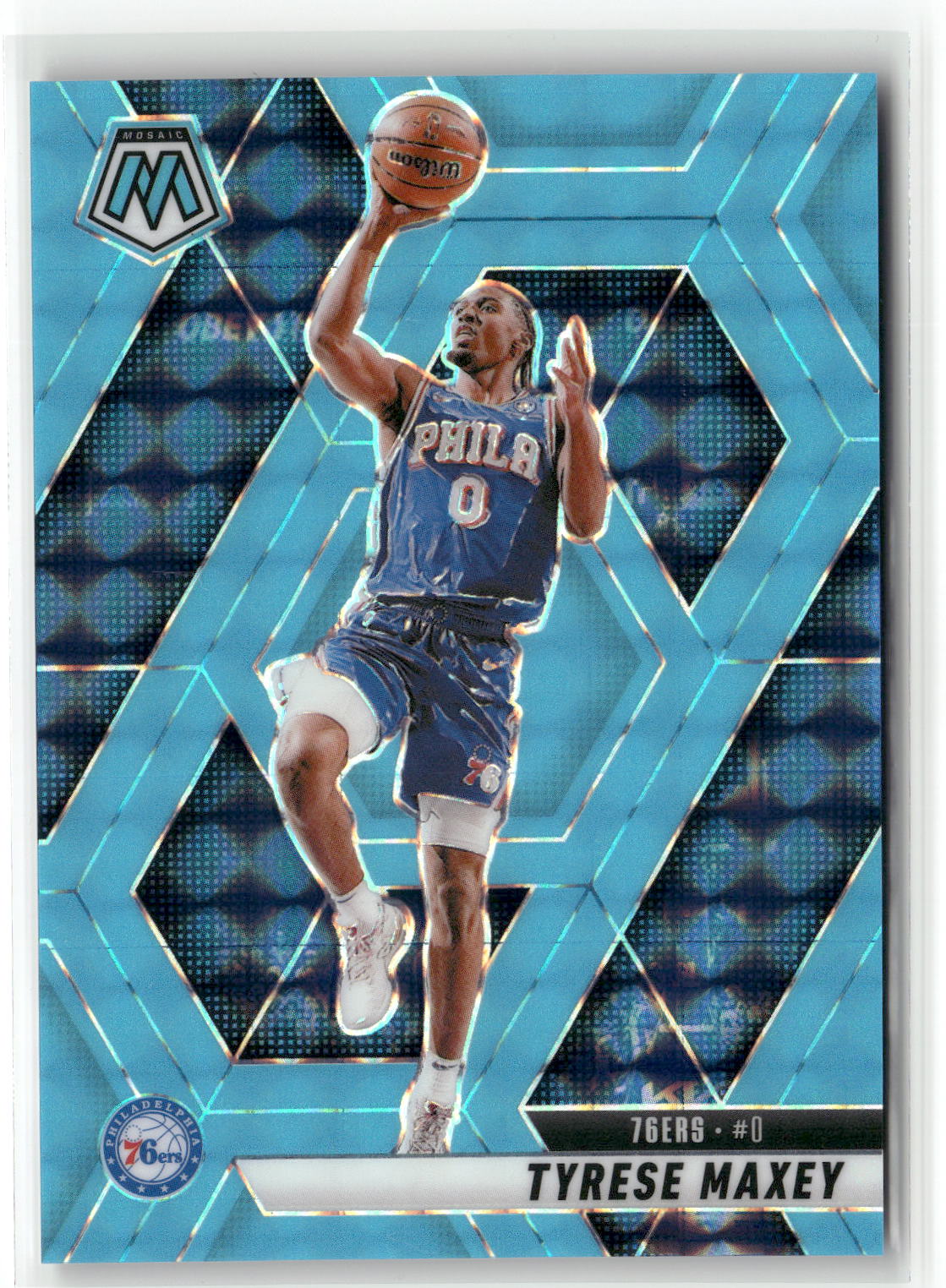 2024-25 Panini Mosaic #23 Tyrese Maxey Blue Fluorescent Mosaic #/75