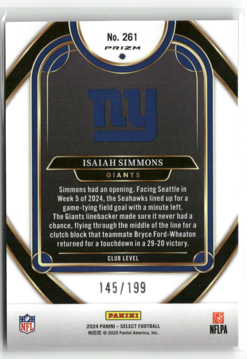 2024 Panini Select #261 Isaiah Simmons White Prizm Shock #/199-2
