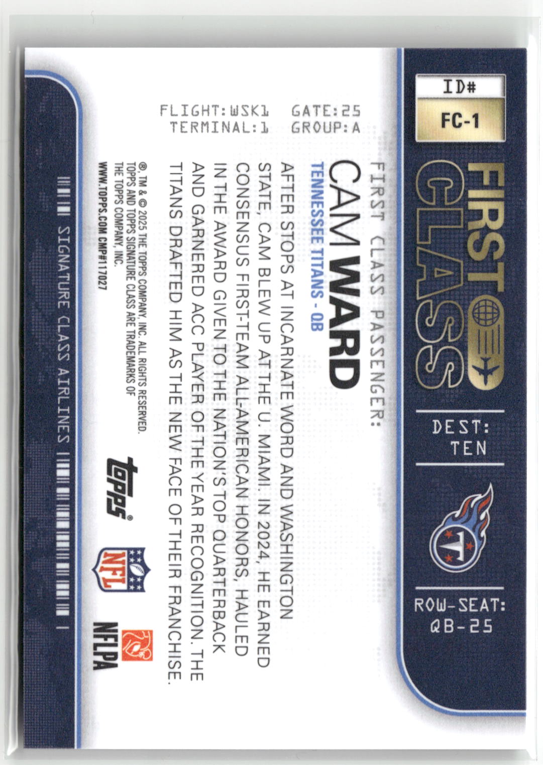 2025 Topps Signature Class #FC-1 Cam Ward First Class-2