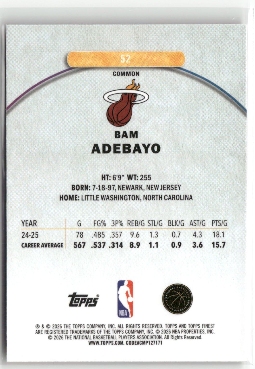 2025-26 Finest #52 Bam Adebayo Oil Spill Refractor-2
