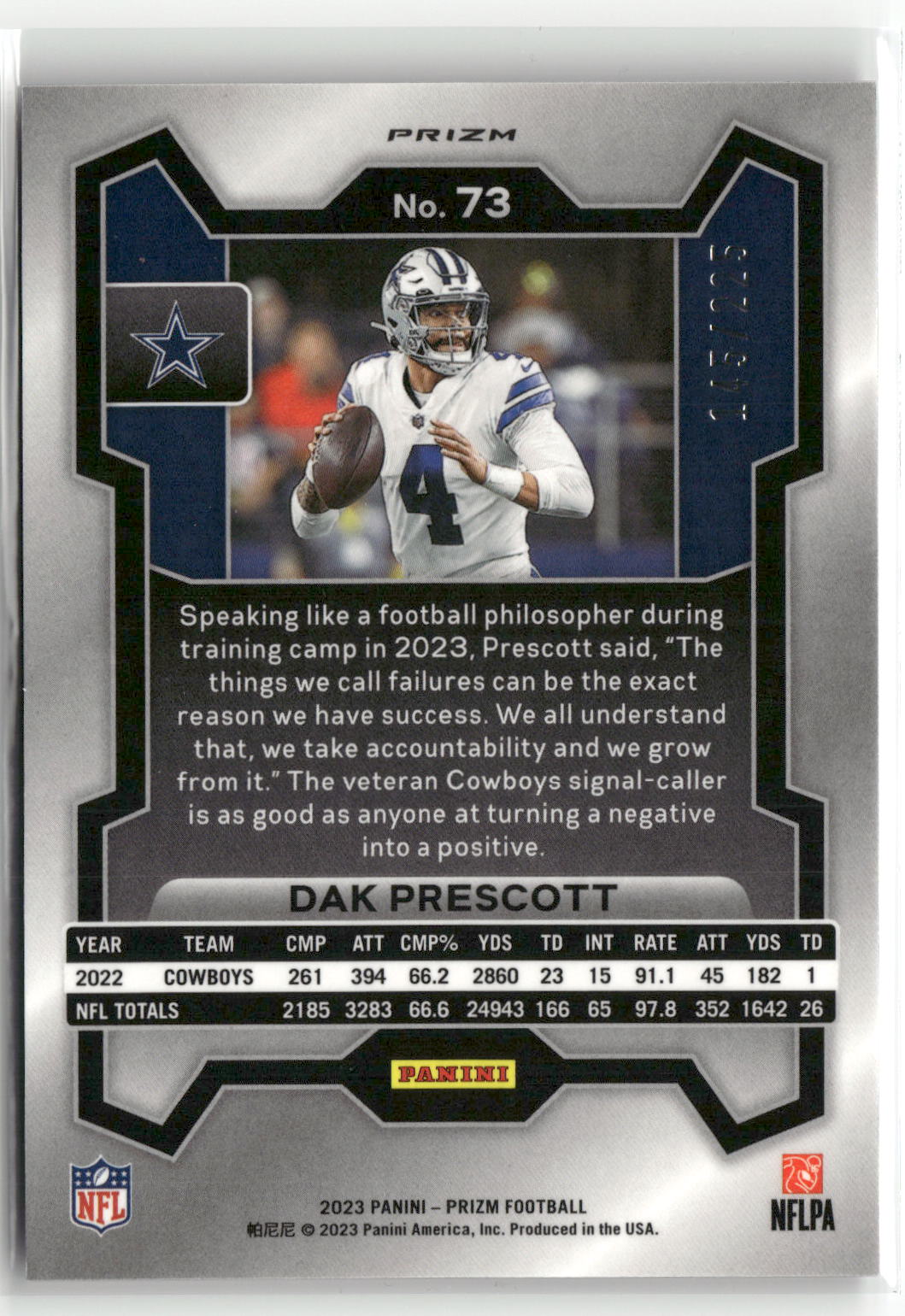 2023 Panini Prizm #73 Dak Prescott Purple Ice #/225-2
