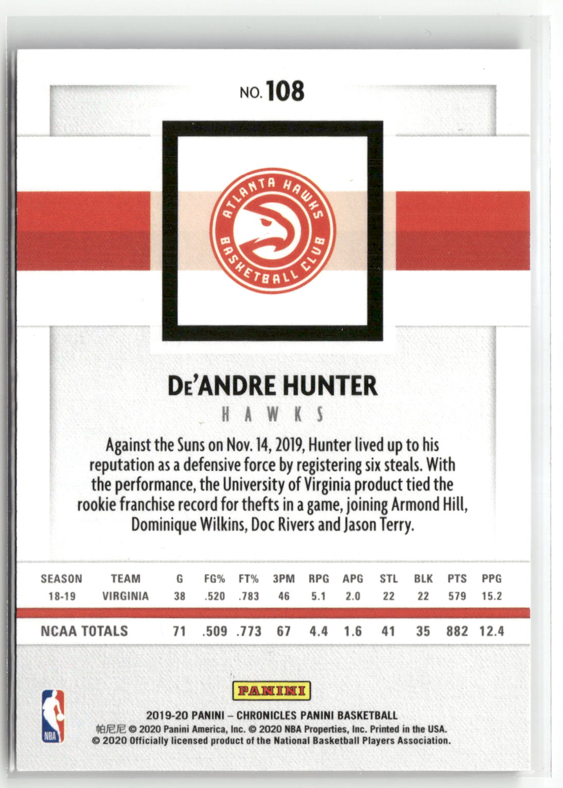 2019-20 Panini Chronicles #108 De'Andre Hunter Purple #/49-2