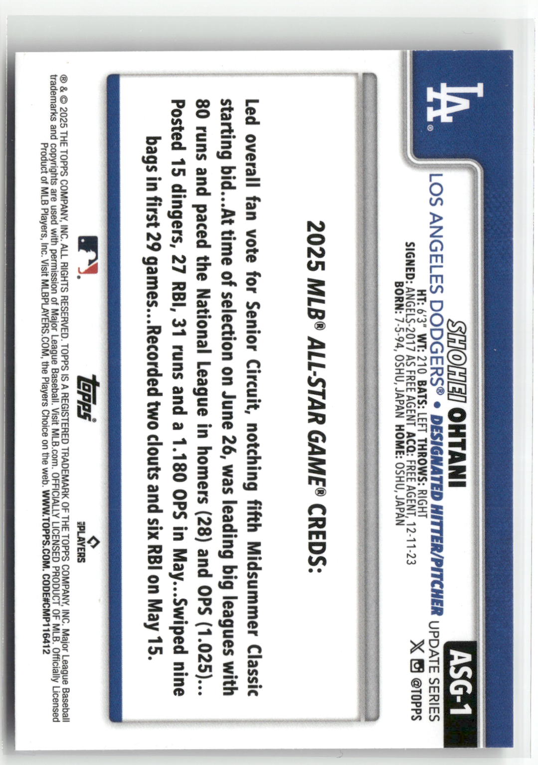 2025 Topps Update #ASG-1 Shohei Ohtani 2025 All-Star Game-2