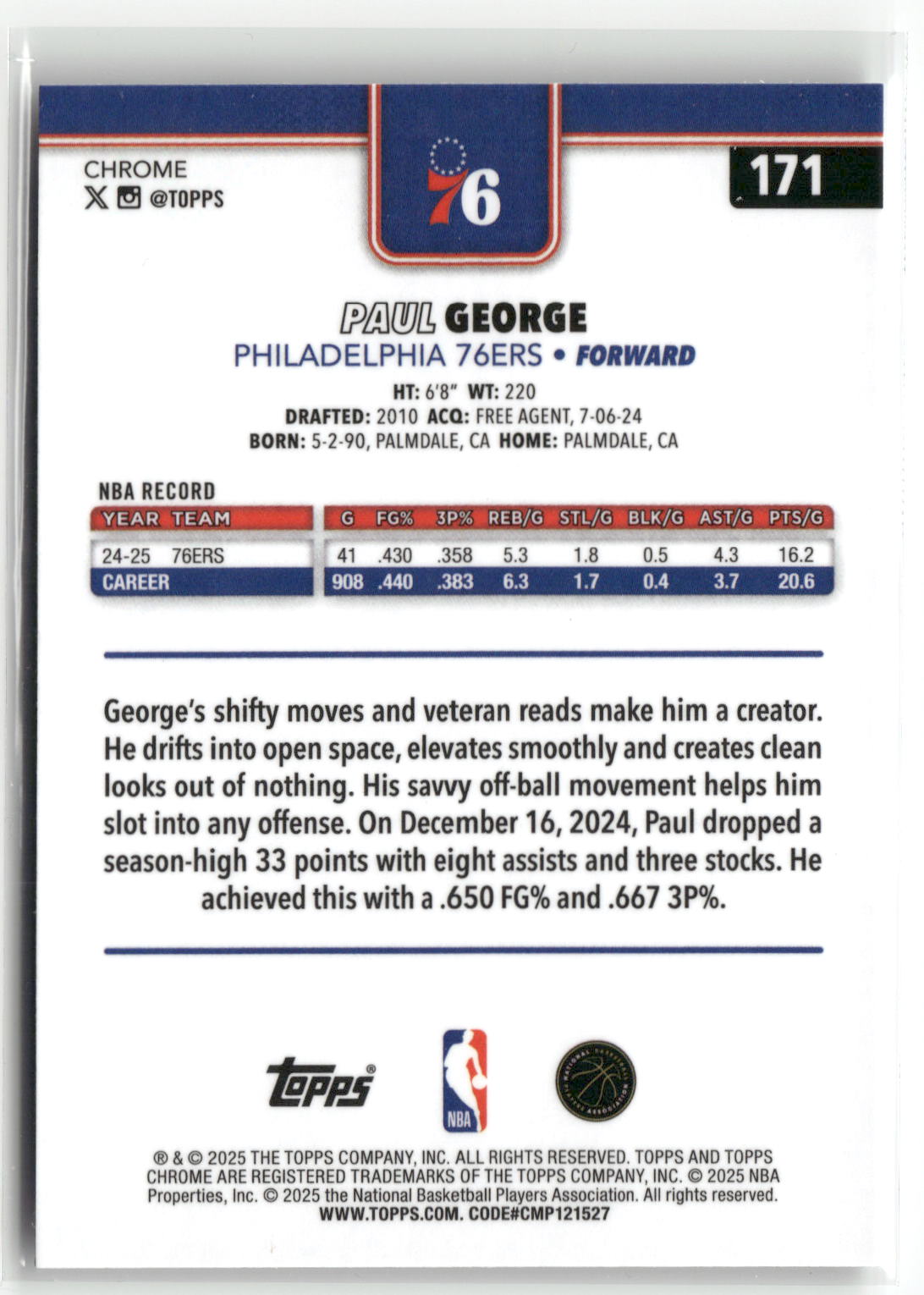 2025-26 Topps Chrome #171 Paul George Negative Refractor-2