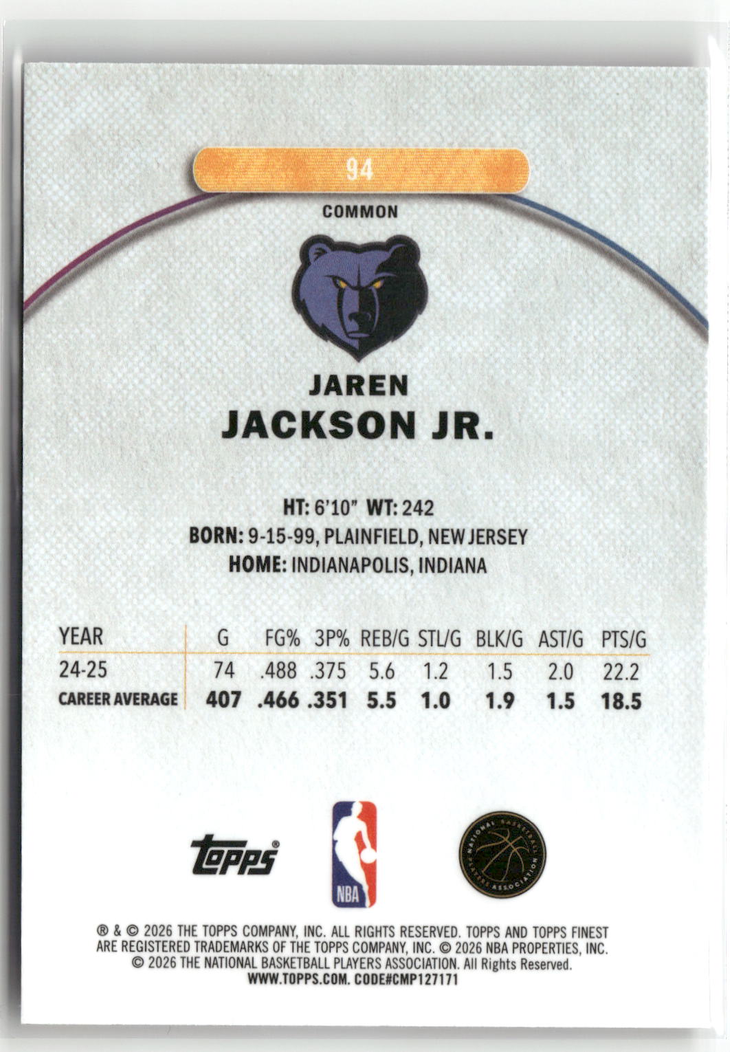 2025-26 Finest #94 Jaren Jackson Jr. Oil Spill Refractor-2