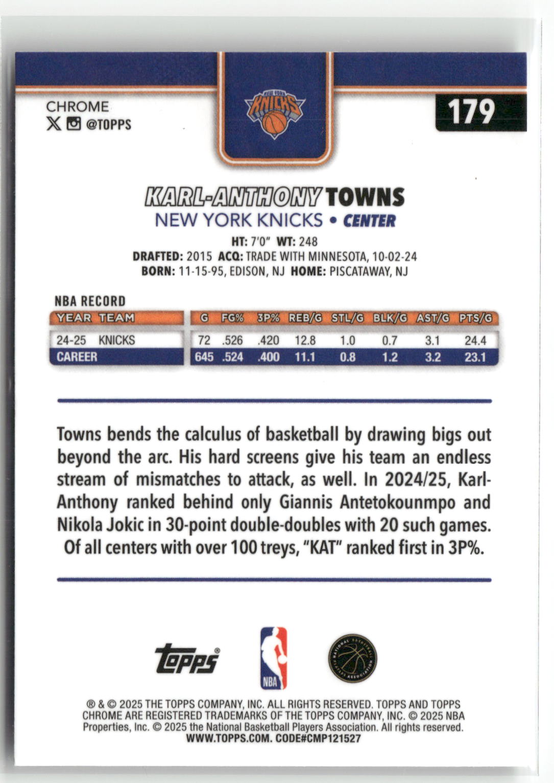 2025-26 Topps Chrome #179 Karl-Anthony Towns Refractor-2